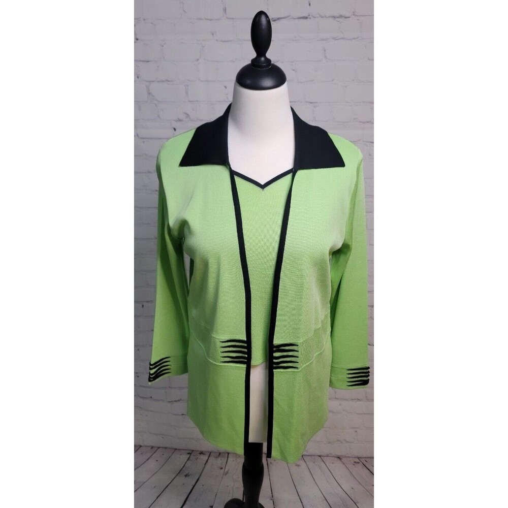 Vintage Ming Wang Women's 2 Piece Cardigan Set Lime Green & Black Sz Sm Classic